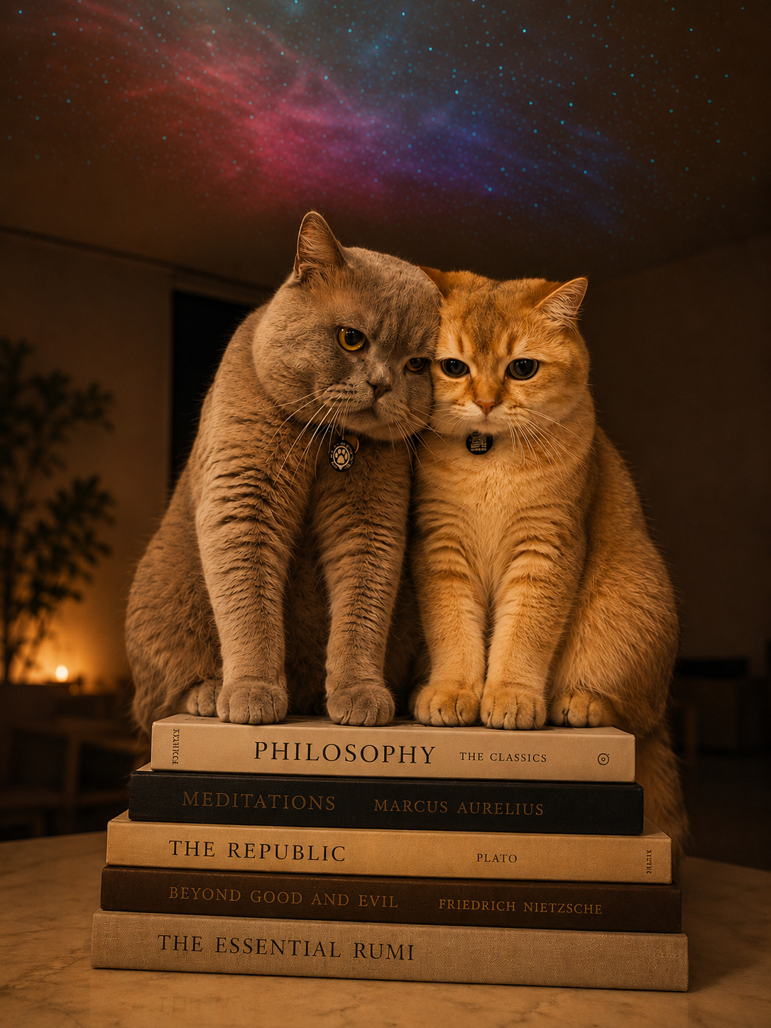 Socrates and Marcus Aurelius, two British Shorthairs, perched on a stack of philosophy books beneath a starlit sky