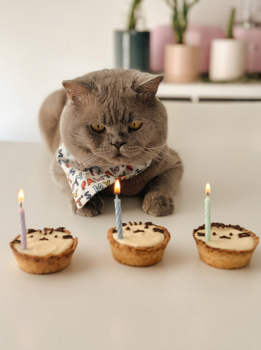 Socrates in a bandana in front of three tarts with lit birthday candles